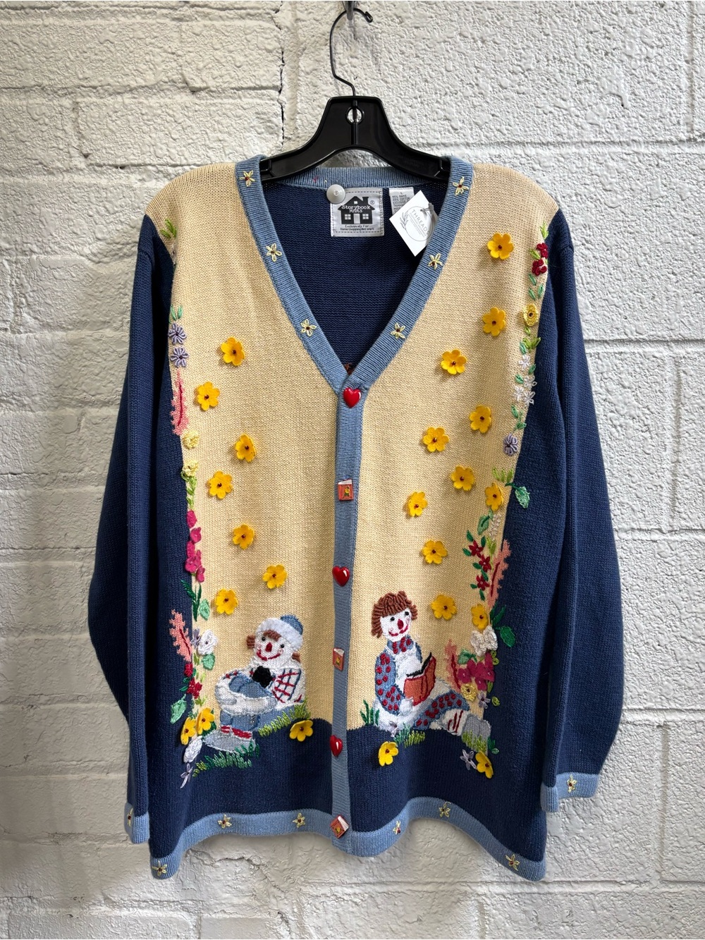 Vintage Storybook Knits Raggedy Anne Reading Embroidered Floral Cardigan